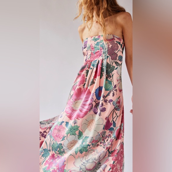 Free People $300 Botanical Long Maxi Strapless Dress Combo Rose Floral Bohemian‎ - Picture 3 of 15